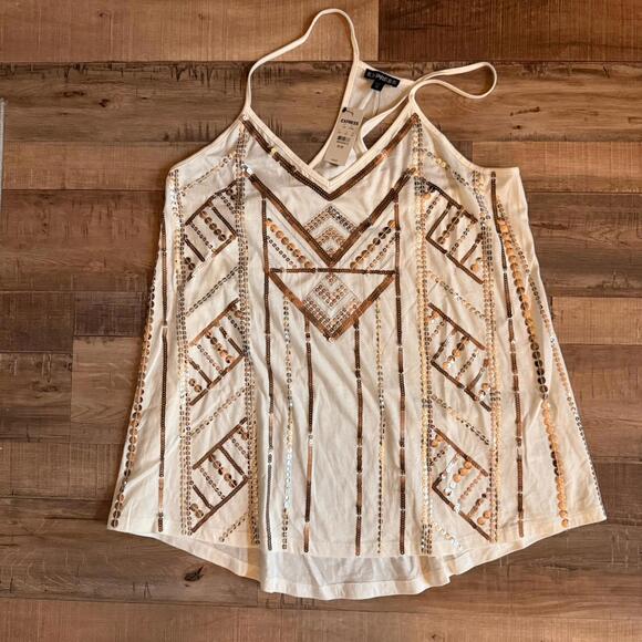 Express Tops - Express White Brown Geometric Sequin Sleeveless Cotton Modal Tank Top M